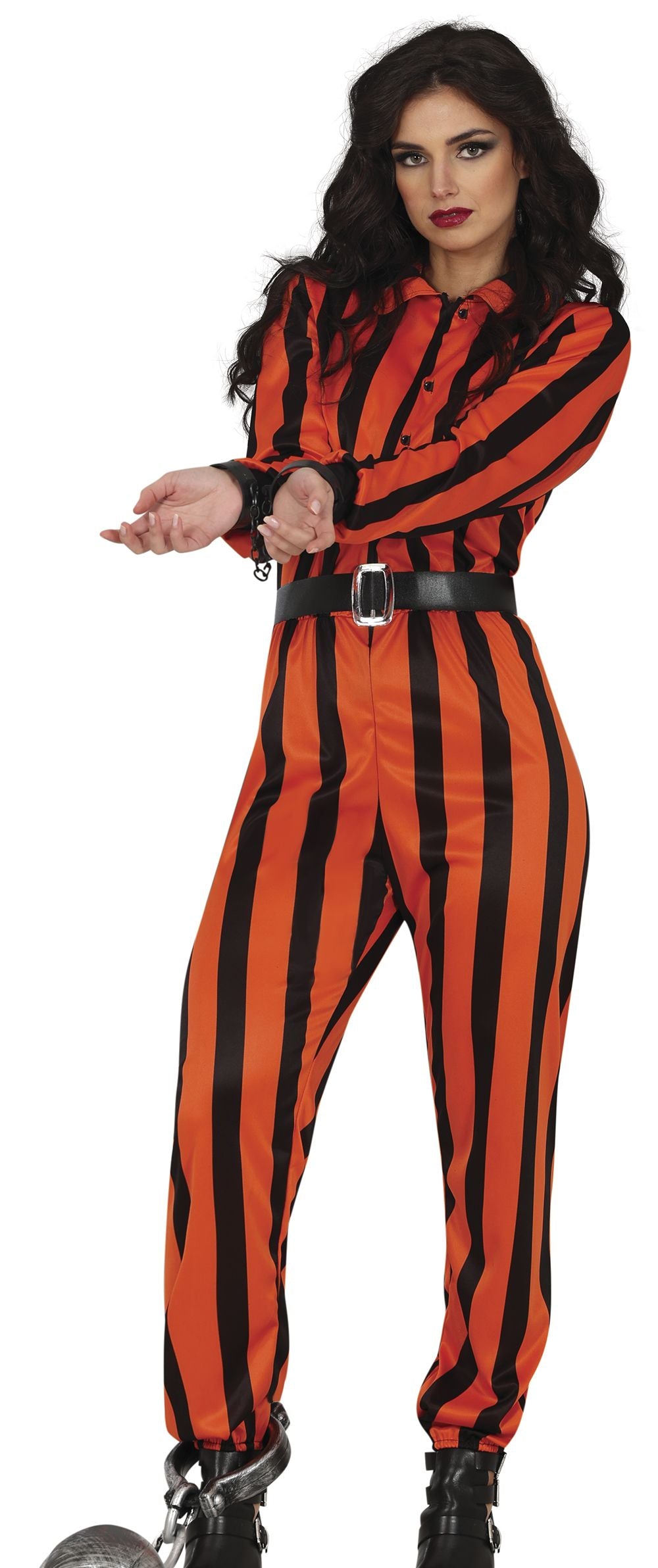 A woman modeling a Halloween-style costume jumpsuit with bold vertical orange and black stripes, a black belt, and black boots against a plain white background.