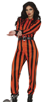 A woman modeling a Halloween-style costume jumpsuit with bold vertical orange and black stripes, a black belt, and black boots against a plain white background.