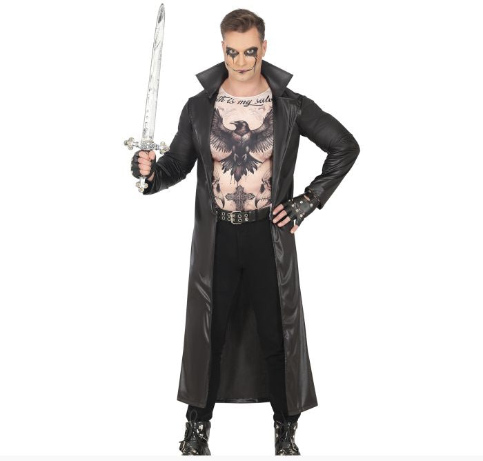A man modeling a gothic vampire costume consisting of a long black faux-leather trench coat, black pants, black fingerless gloves, and a black belt, while holding a silver toy sword against a white background.