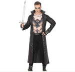 A man modeling a gothic vampire costume consisting of a long black faux-leather trench coat, black pants, black fingerless gloves, and a black belt, while holding a silver toy sword against a white background.