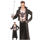 A man modeling a vampire-style costume against a white background, holding a silver toy sword. The costume includes a long black trench coat, black pants, black fingerless gloves, a black belt, and a graphic T-shirt with a raven design and the words 'What is my life to save?'.
