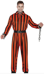 A man modeling a red and black vertically striped costume jumpsuit with a black belt, chain necklace, and silver handcuffs with a chain, against a white background.