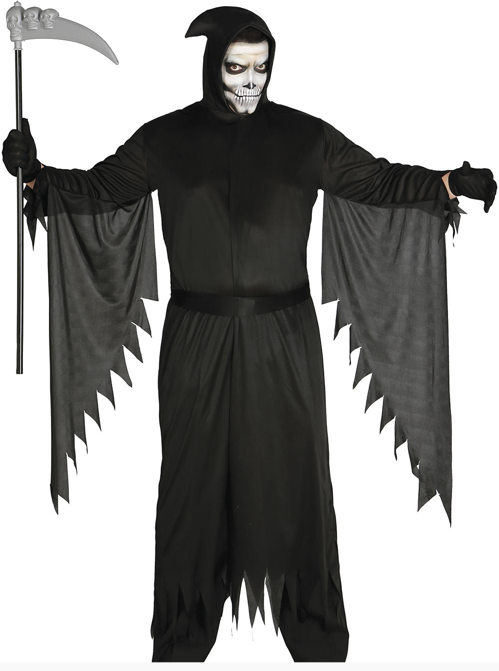 Costume of a grim reaper with a hood and a scythe on a white background