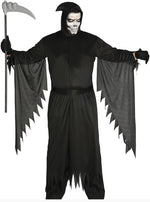 Costume of a grim reaper with a hood and a scythe on a white background