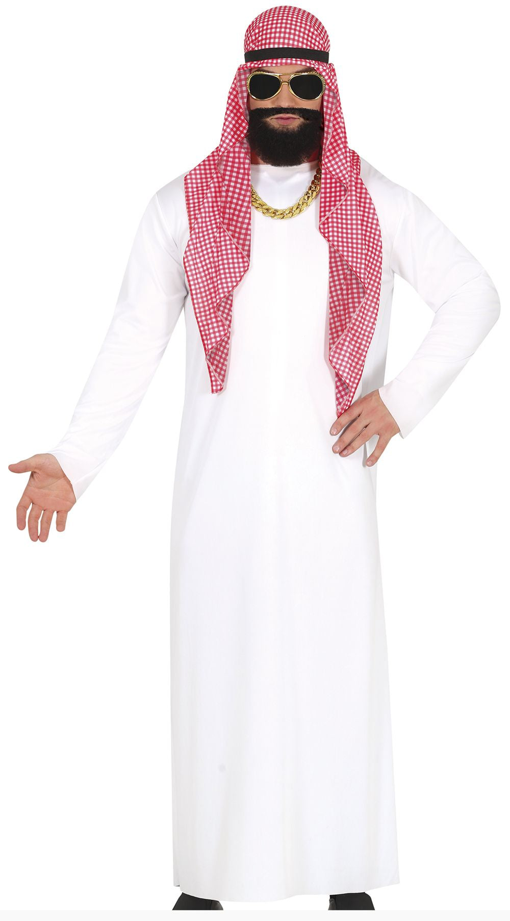 A man wearing a white thobe and red-and-white checkered ghutra costume, with a fake black beard, sunglasses, and a gold chain necklace, posed against a white background.