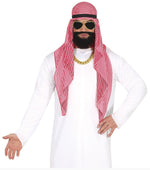 A man modeling a Middle Eastern costume consisting of a white long-sleeve thobe, a red and white checkered shemagh headscarf, a black headband, gold sunglasses, a fake black beard, and a gold chain necklace, on a white background.