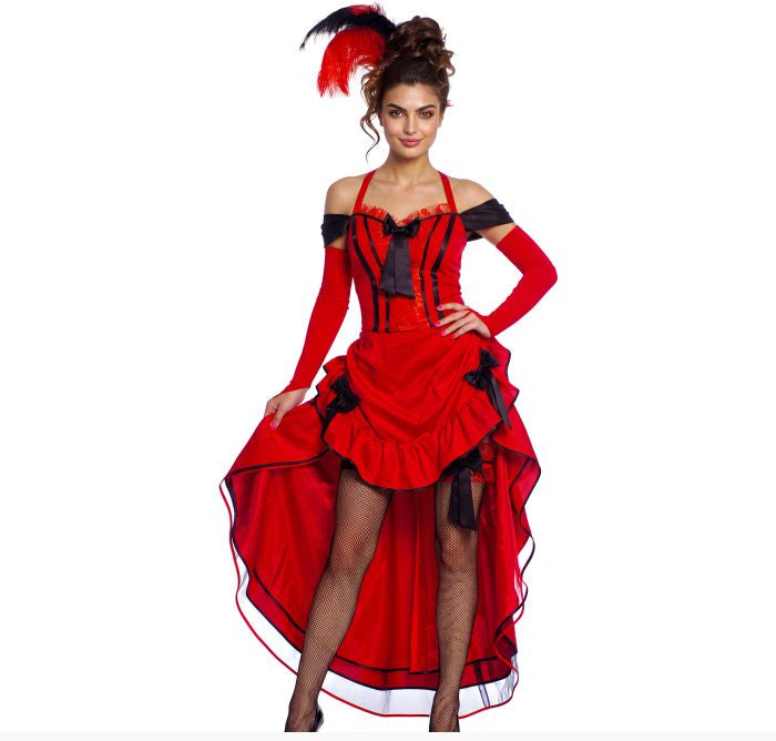 A woman modeling a red and black Spanish-style costume dress with long sleeves, a ruffled high-low skirt, and a matching feathered hat against a plain white background.