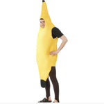 Person wearing a banana costume on a white background