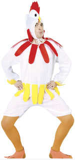 A person modeling a chicken costume against a plain white background. The costume includes a white hooded top with a red comb and wattle, yellow feather-like accents at the waist and on the sleeves, and tan leg coverings.
