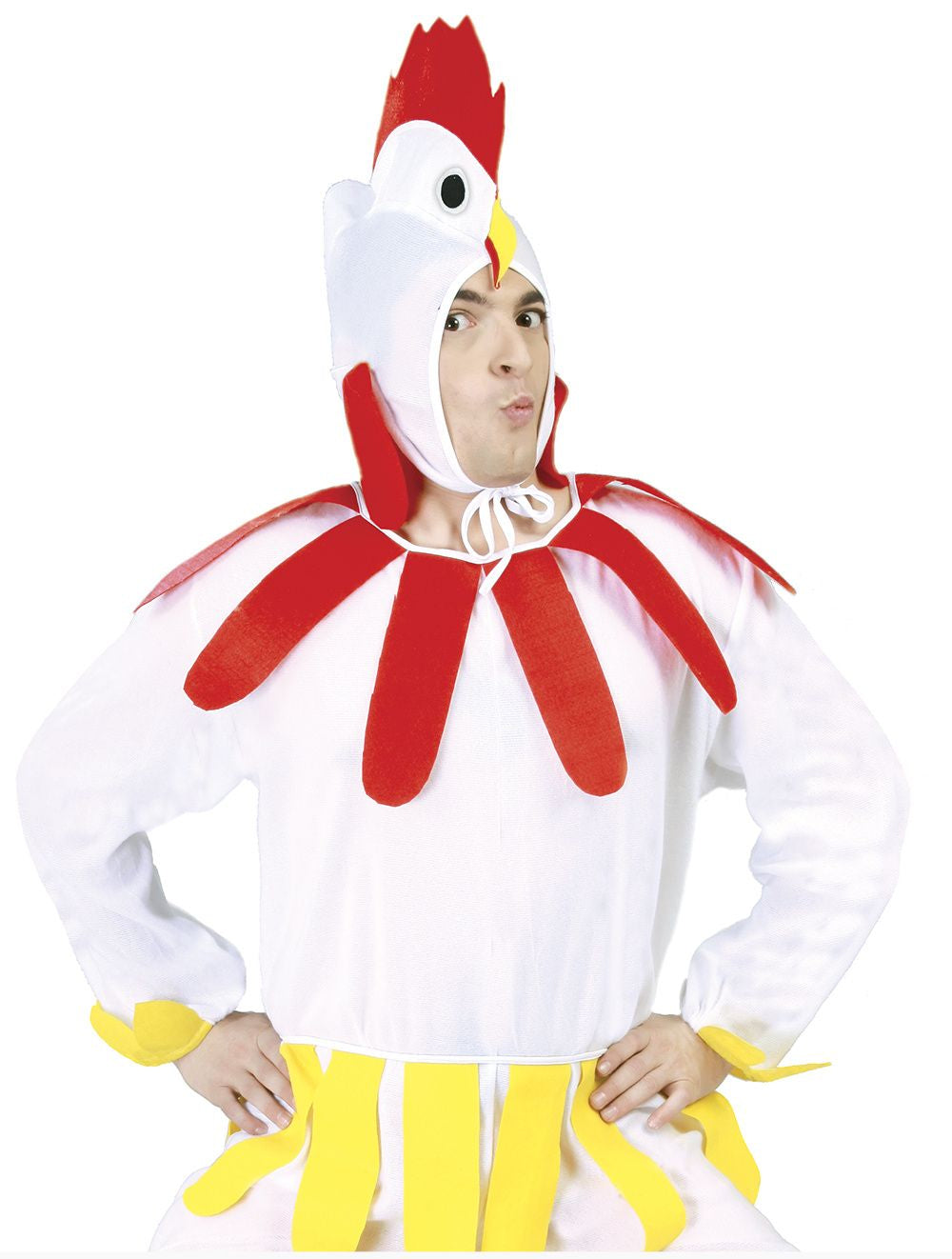 A man wearing a white and red chicken costume with yellow accents, including a hooded headpiece, red comb, and yellow beak details, 