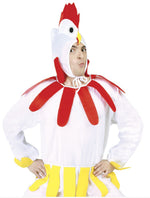 A man wearing a white and red chicken costume with yellow accents, including a hooded headpiece, red comb, and yellow beak details, 