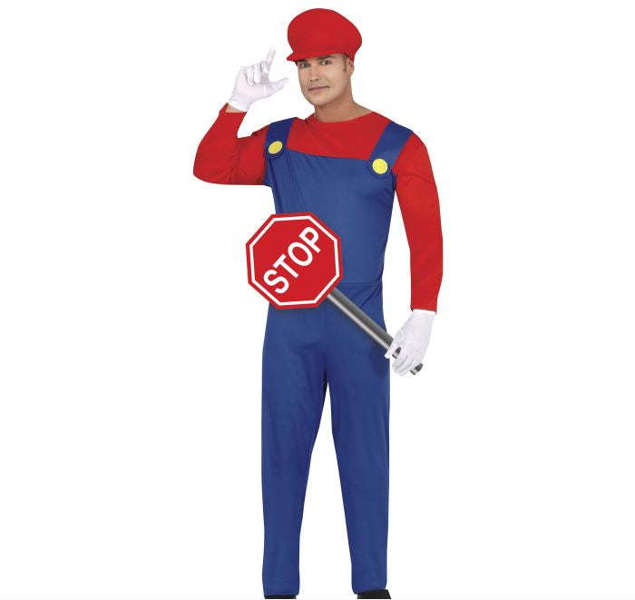 A man modeling a Mario-inspired costume with a red cap, red long-sleeve shirt, blue overalls, white gloves, and a stop sign accessory, on a plain white background.