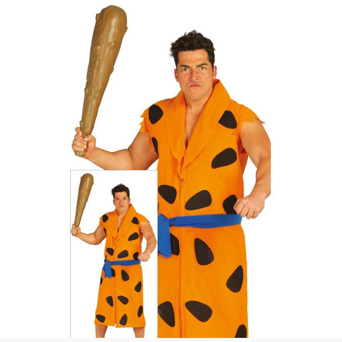 Person wearing a cartoon character costume with a large wooden club on a white background