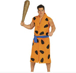 Person wearing a cartoon character costume with an orange robe and black spots, holding a baseball bat.