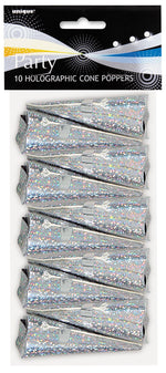 Silver Holographic Cone Party Poppers - 10pk