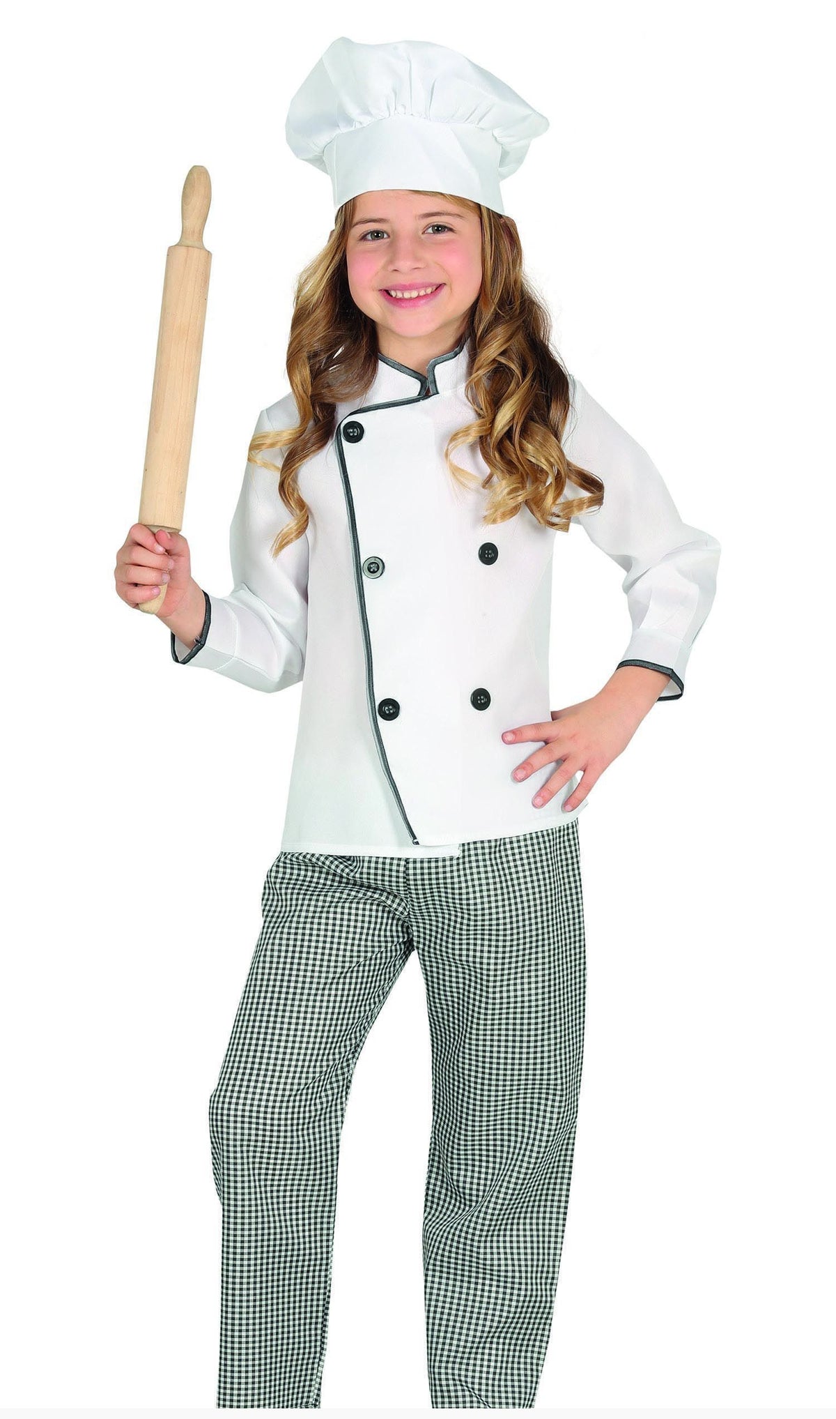 Child wearing a chef's outfit holding a rolling pin on a white background