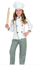Child wearing a chef's outfit holding a rolling pin on a white background