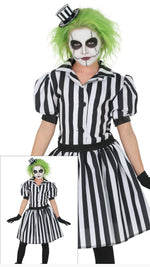 A child's Seuss-style character costume featuring a black and white vertically striped dress, black gloves, bright green wig, and a small black-and-white top hat, shown on a model against a white background with a smaller inset view.