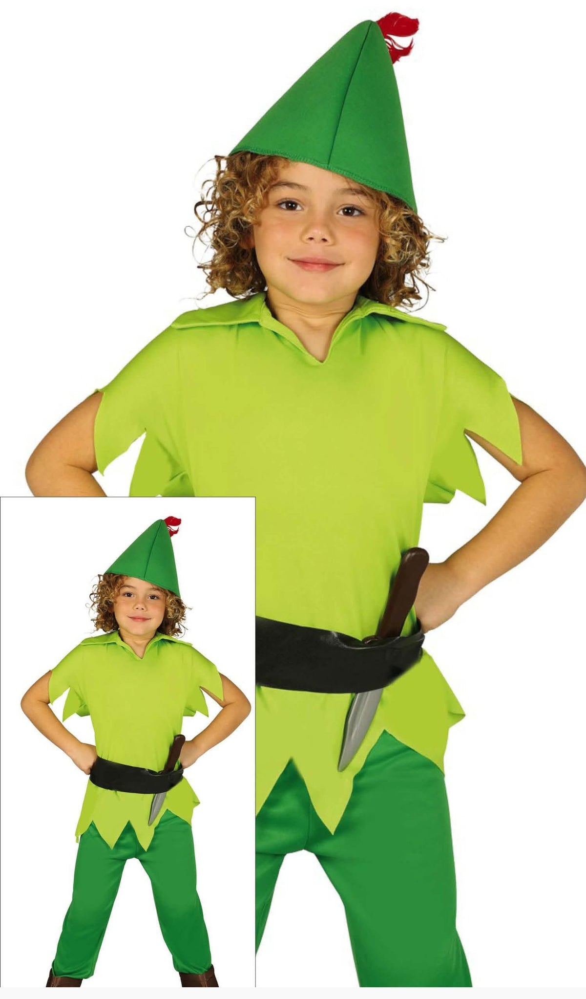 Child wearing a green Peter Pan costume with a hat and belt, holding a toy sword.