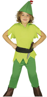Child wearing a green costume with a hat, shirt, pants, and belt, holding a toy sword.
