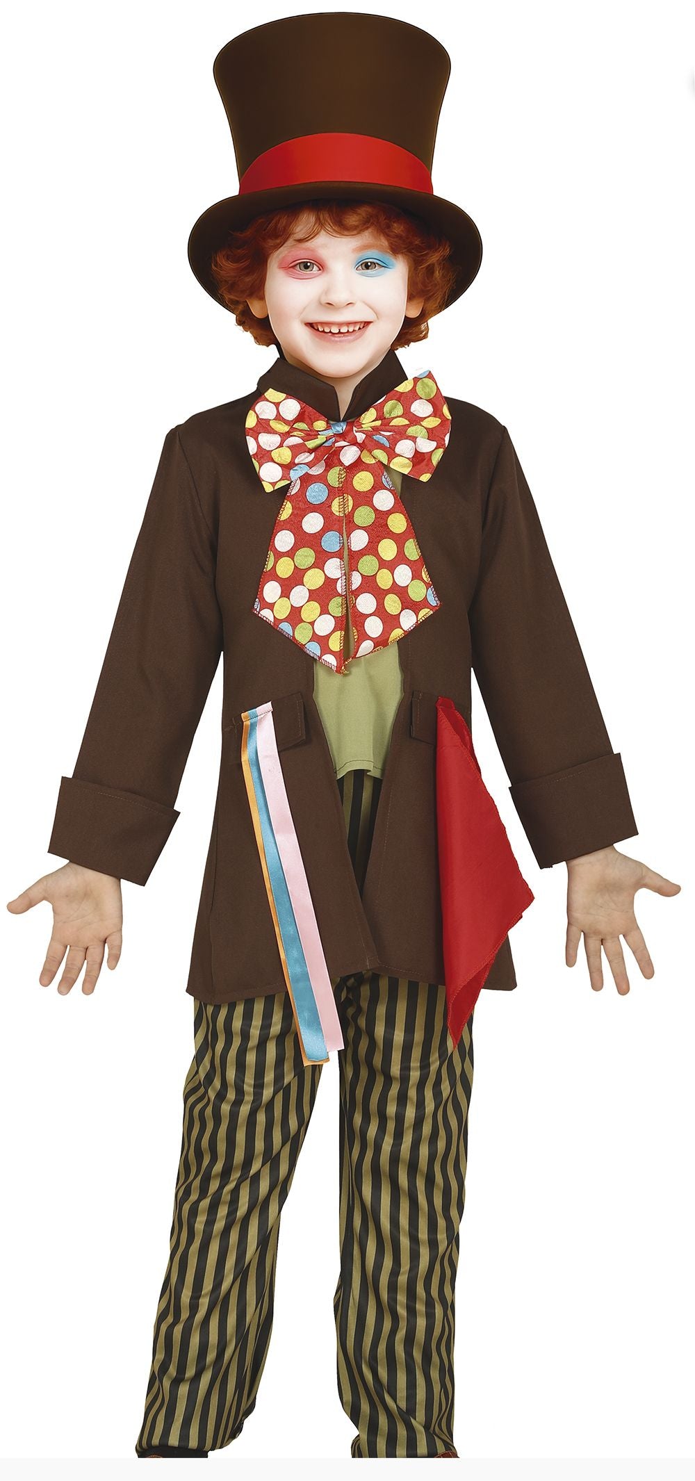 Child wearing a Mad Hatter costume with a top hat, bow tie, and striped pants on a white background.