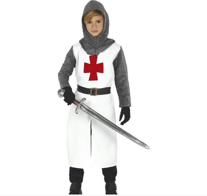 Child in a Crusader costume holding a sword on a white background
