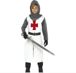 Child in a Crusader costume holding a sword on a white background