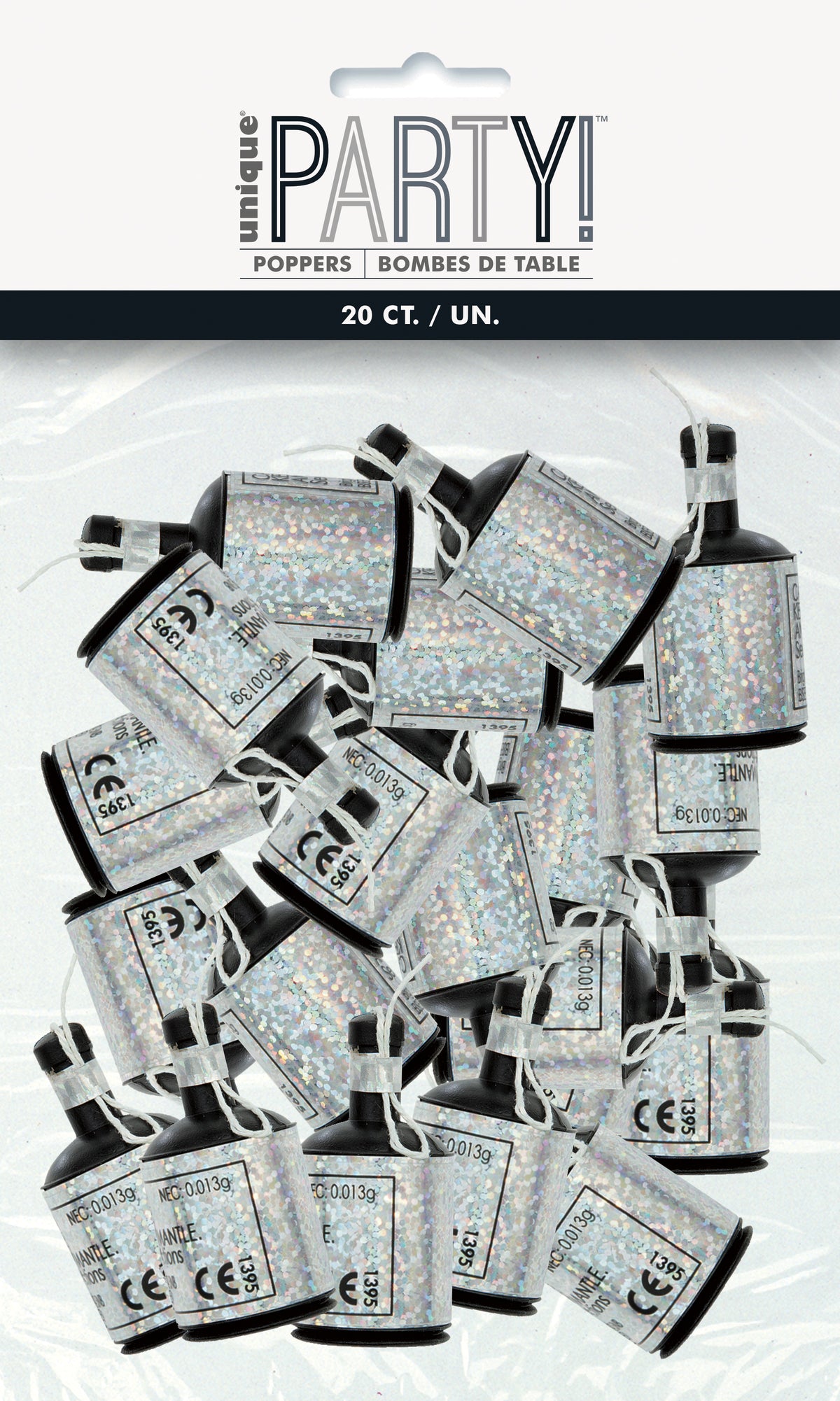 Birthday Black & Silver Glitz Holographic Poppers 20ct