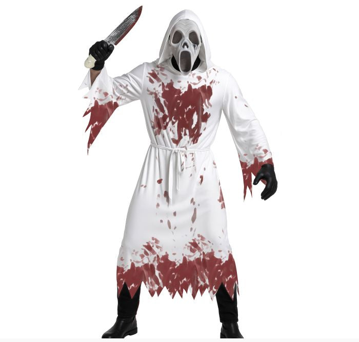 A person modeling a horror costume consisting of a white hooded robe with red blood-splatter print, a white skull mask, black gloves, and black boots, while holding a knife prop against a plain white background.