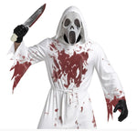 A person wearing a white hooded robe costume with red blood-splatter print, a white screaming mask, black gloves, and holding a large knife prop against a plain white background. 