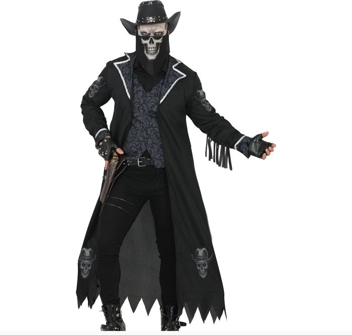 A man modeling a black gothic cowboy costume against a plain white background. The costume includes a long black coat with white trim, a black vest, black pants, a black hat, a skull mask, and a black face covering.
