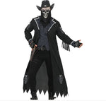 A man modeling a black gothic cowboy costume against a plain white background. The costume includes a long black coat with white trim, a black vest, black pants, a black hat, a skull mask, and a black face covering.