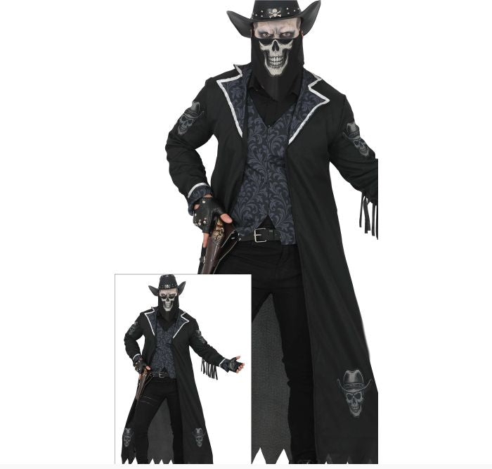 A man wearing a black gothic pirate costume with a skull mask, long coat, vest, and hat, shown on a white background with a smaller inset of the full outfit.