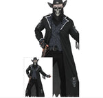 A man wearing a black gothic pirate costume with a skull mask, long coat, vest, and hat, shown on a white background with a smaller inset of the full outfit.