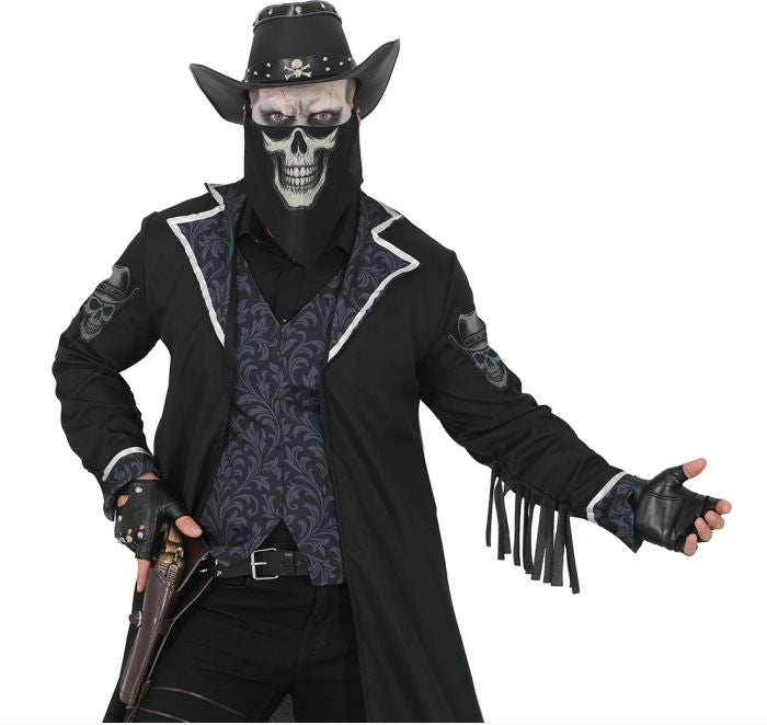 A man modeling a pirate costume consisting of a long black coat with white trim, a dark patterned vest, a black hat with a skull design, a face mask, and fingerless gloves, set against a plain white background.