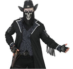 A man modeling a pirate costume consisting of a long black coat with white trim, a dark patterned vest, a black hat with a skull design, a face mask, and fingerless gloves, set against a plain white background.