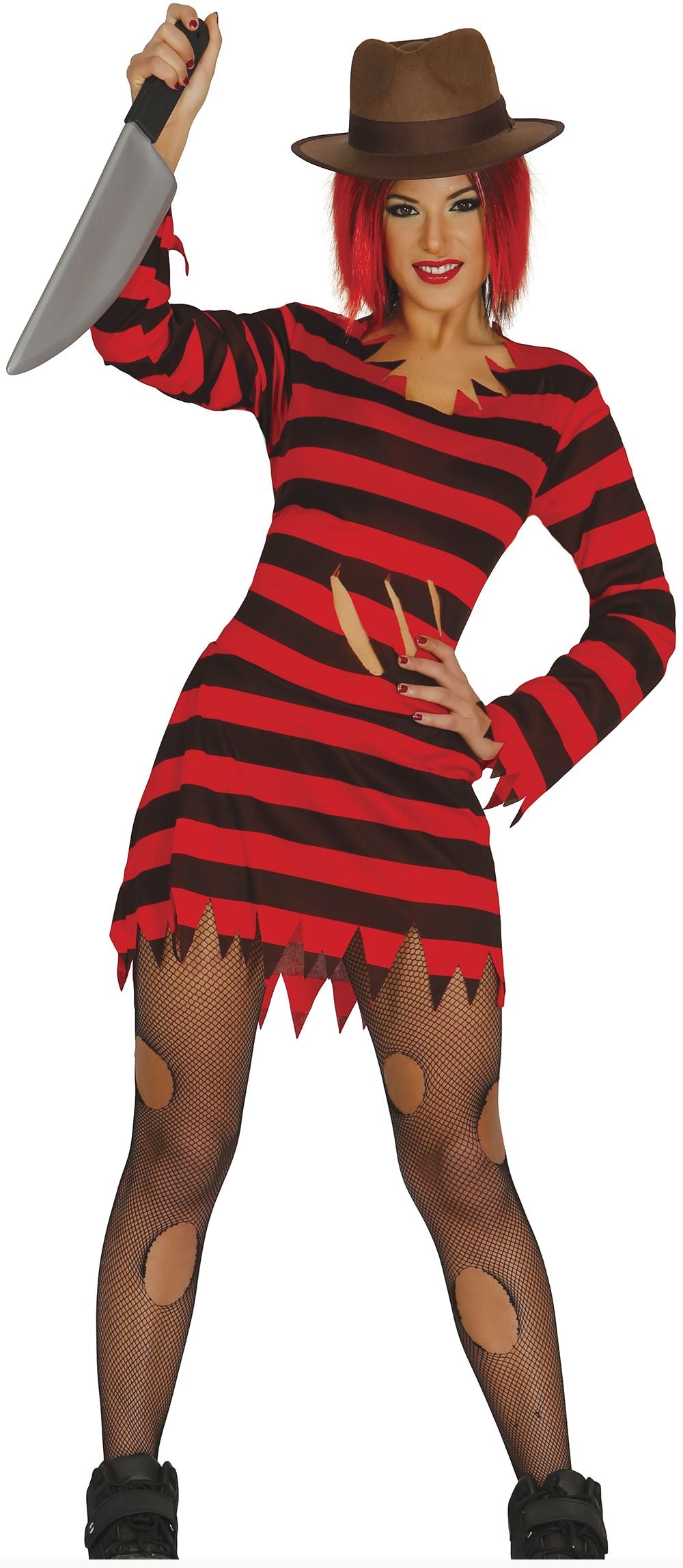 Person wearing a red and black striped costume with a knife, on a white background