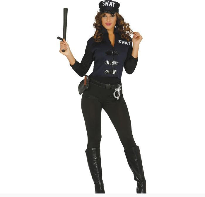 A woman modeling a black and navy police-themed costume with a SWAT cap, black top with silver graphic details, black pants, and a utility belt with a silver handcuff accessory, holding a baton against a white background.