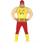 A man modeling a Hulk-style costume consisting of a yellow tank top with a red and black graphic, red pants, yellow leg warmers, a red hat, and a fake white mustache, against a plain white background.