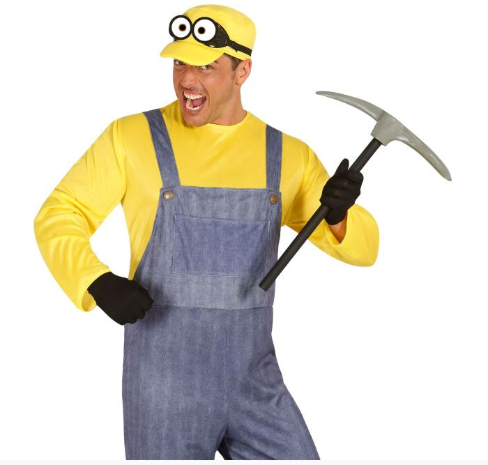 A man modeling a yellow and blue minion costume with a matching yellow cap, black gloves, and a pickaxe, against a plain white background.