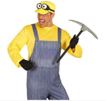 A man modeling a yellow and blue minion costume with a matching yellow cap, black gloves, and a pickaxe, against a plain white background.