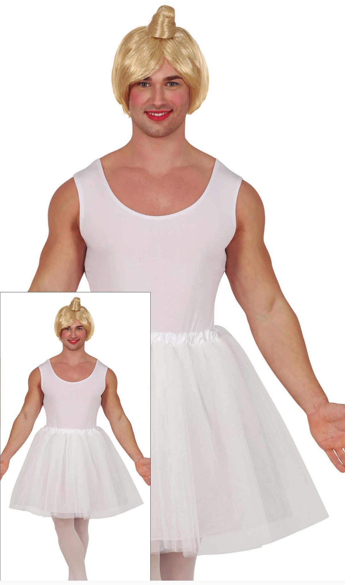Person wearing a blonde wig and white dress with a skirt, with a close-up inset.