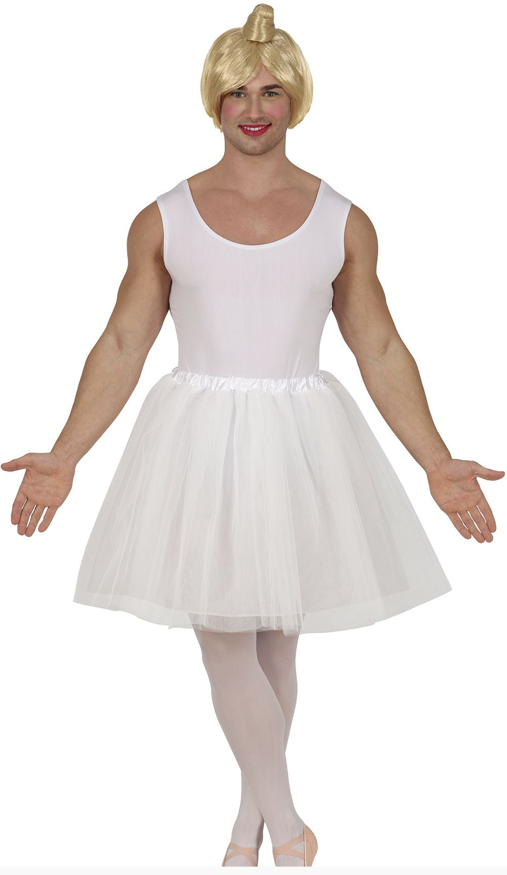 Person wearing a white ballerina costume with a blonde wig on a white background
