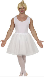 Person wearing a white ballerina costume with a blonde wig on a white background