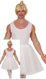 Person wearing a blonde wig and white dress with a skirt, with a close-up inset.