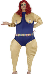 Person wearing a costume with a blue top and beige pants on a white background