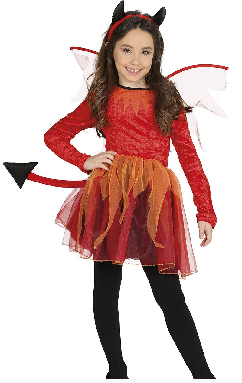 Child wearing a red and orange devil costume with horns, tail, and wings on a white background.