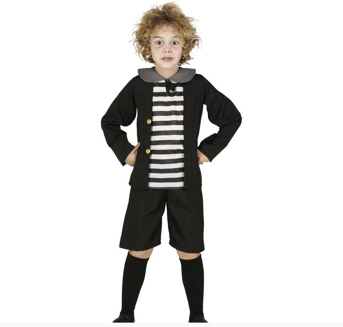 Child wearing a black and white striped outfit with a jacket on a white background