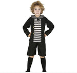 Child wearing a black and white striped outfit with a jacket on a white background