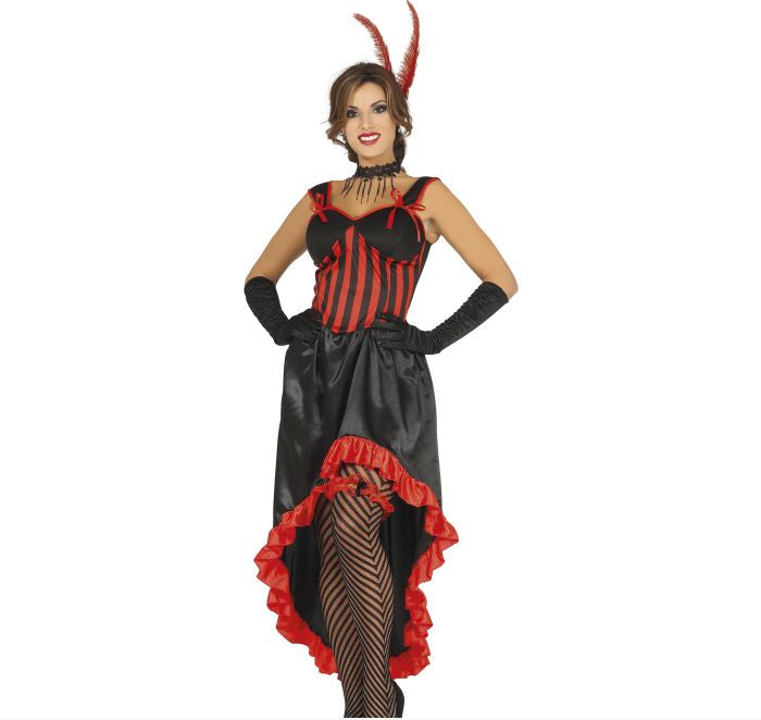 A woman modeling a black and red insect-themed costume with a striped corset top, long black gloves, a ruffled black skirt with red trim, striped tights, a choker, and a headpiece with red feathers. The photo is on a white background with a copyright notice for Fiestas Guirca s.
